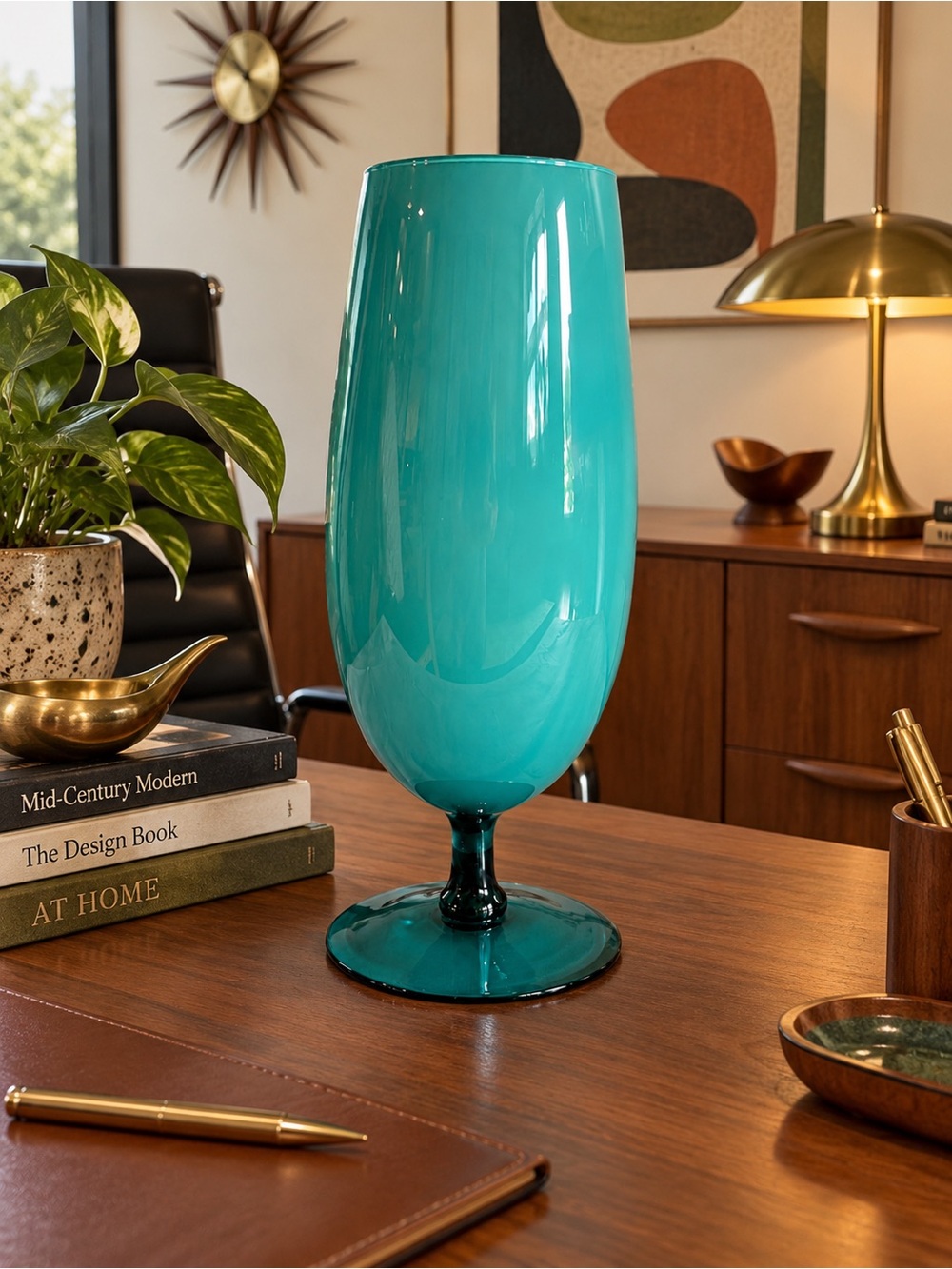 Vintage 1960s Italian Empoli Turquoise Cased Art Glass Pedestal Vase MCM